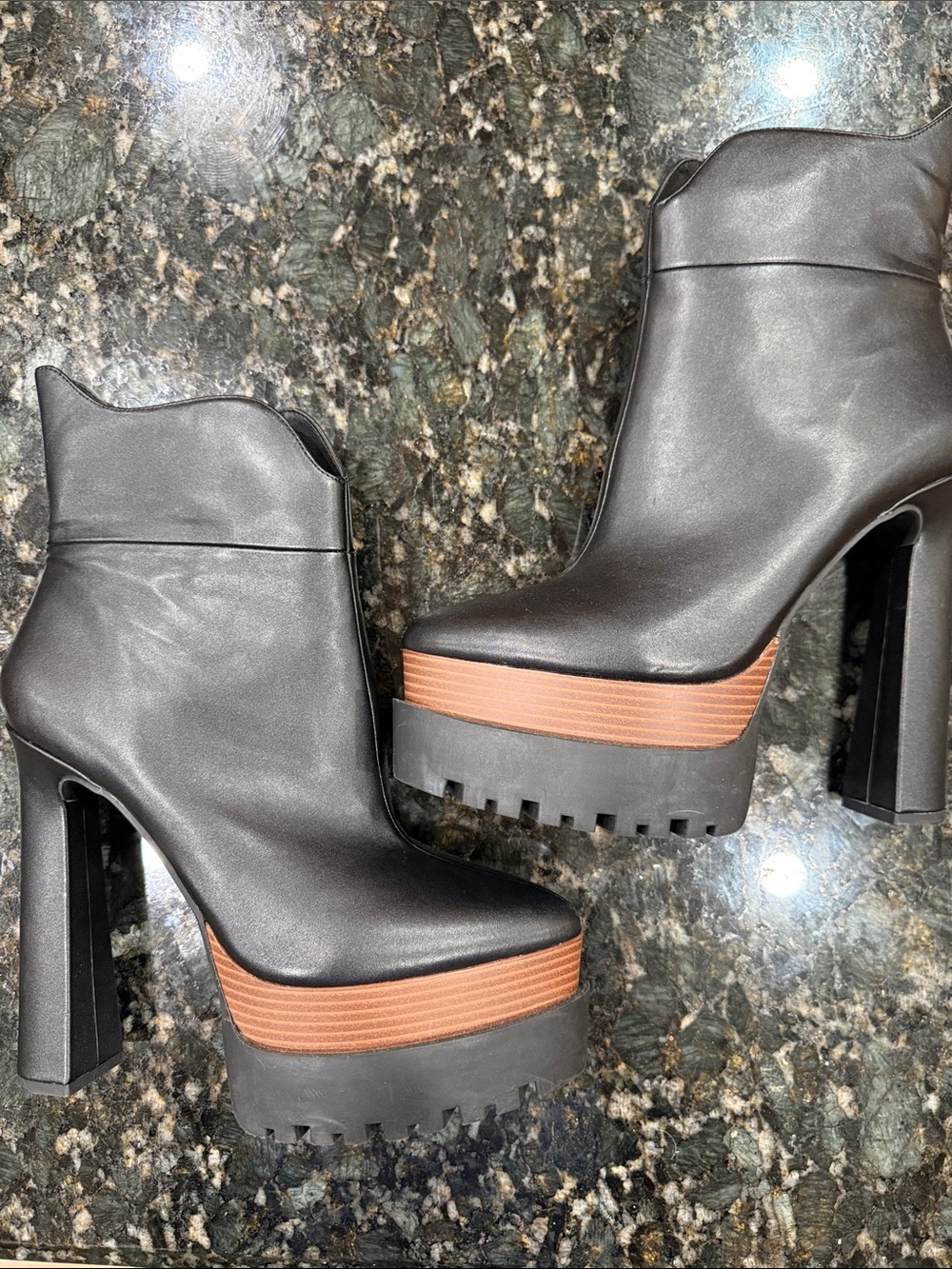 Jessica Simpson Black Leather Platform Lug-Heel Ankle Boots with Tan Accent